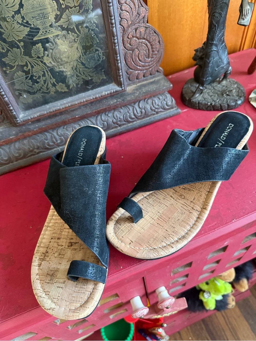 Donald J. Pliner Black Cork Toe-Loop Slide Sandals